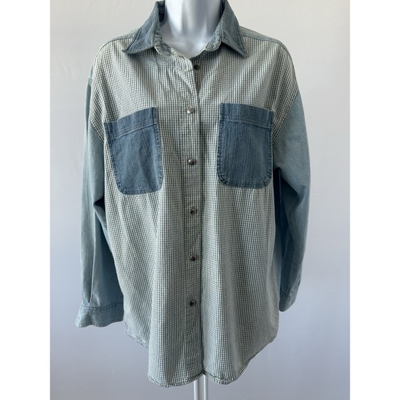 Gitano Tops - VTG Gitano Gingham Denim Chambray Shirt , Sz: Women's M 80s  (b38)